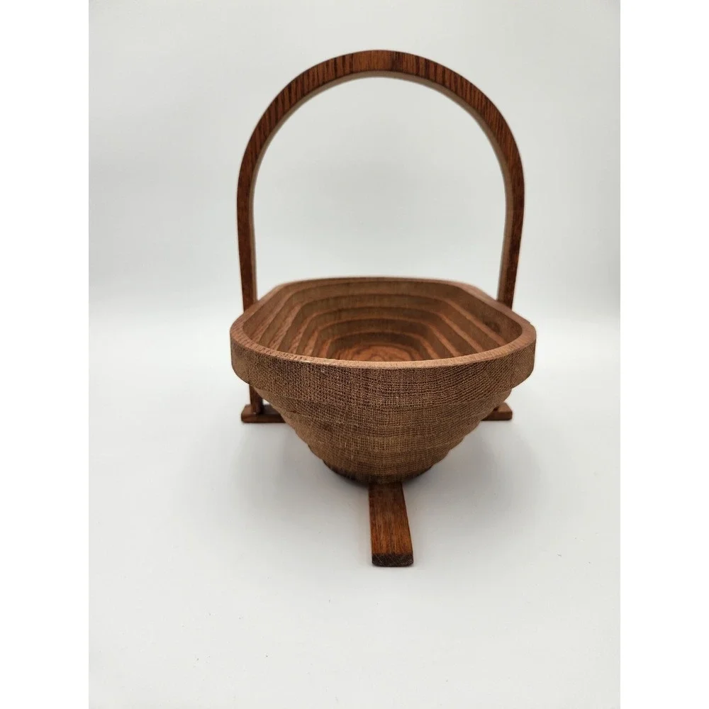 Folding Collapsible Wooden Oval Basket with Handle MCM wood vintage